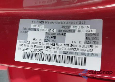 2018 Mazda Mazda3 Touring из США, поврежденный, VIN 3MZBN1V37JM172539